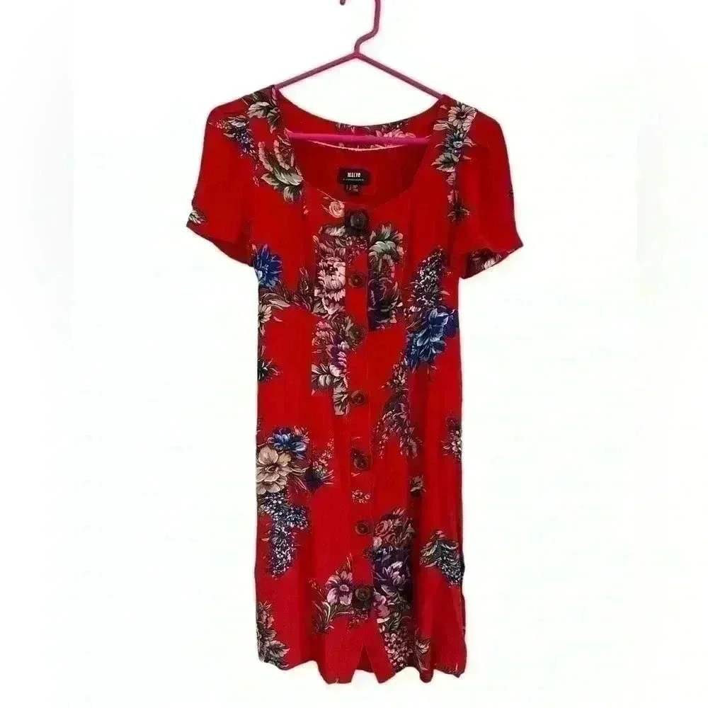 Maeve Floral Mini Dres Button Red